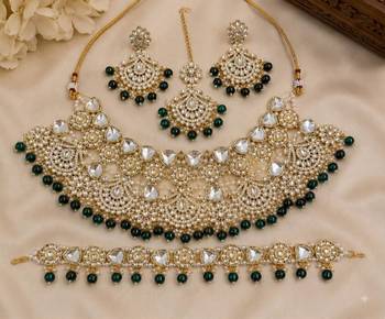 green necklace set with earrings & damni  kundan & agate stone  gold plated 2