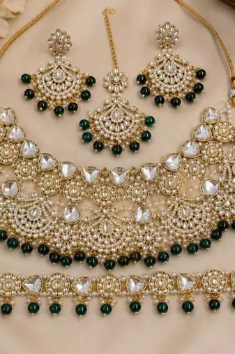 green necklace set with earrings & damni  kundan & agate stone  gold plated
