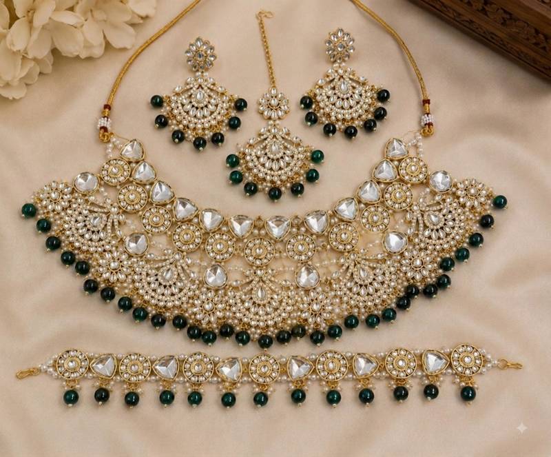 green necklace set with earrings & damni  kundan & agate stone  gold plated