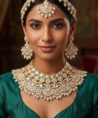 white necklace set with earrings & damni  kundan & agate stone  gold plated 1