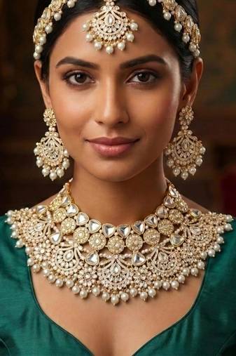 white necklace set with earrings & damni  kundan & agate stone  gold plated