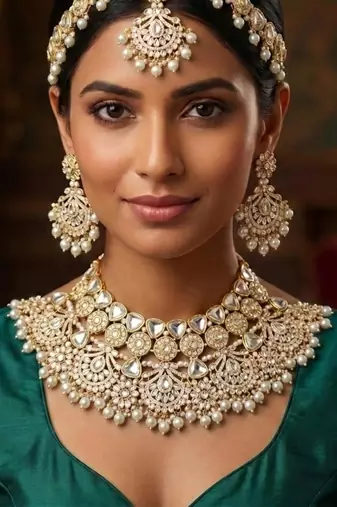 white necklace set with earrings & damni  kundan & agate stone  gold plated