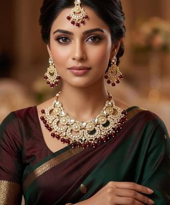 maroon necklace set with earrings & tikka  kundan & agate stone  gold plated 1