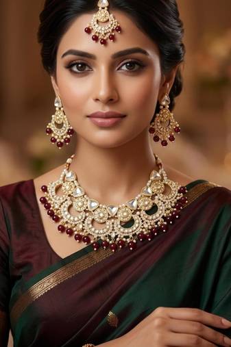 maroon necklace set with earrings & tikka  kundan & agate stone  gold plated