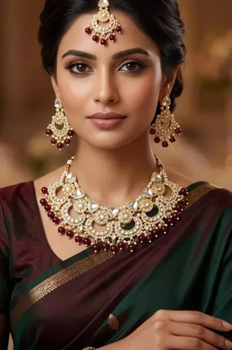 maroon necklace set with earrings & tikka  kundan & agate stone  gold plated