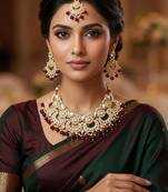 maroon necklace set with earrings & tikka  kundan & agate stone  gold plated