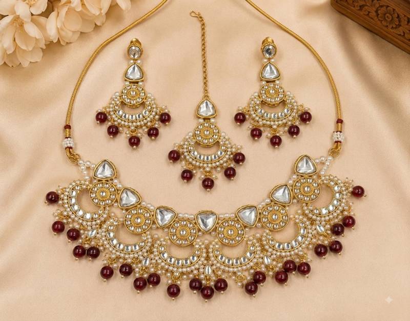 maroon necklace set with earrings & tikka  kundan & agate stone  gold plated