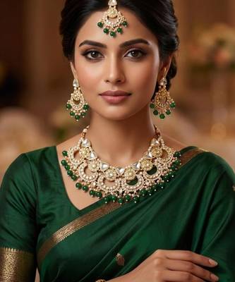 green necklace set with earrings & tikka  kundan & agate stone  gold plated 1
