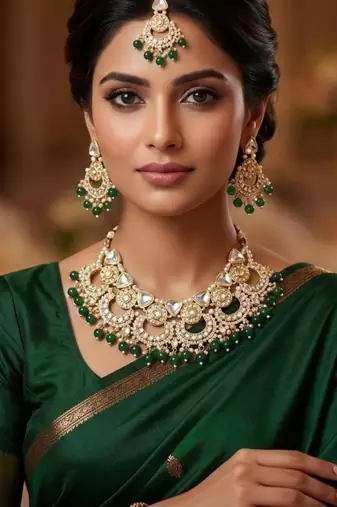 green necklace set with earrings & tikka  kundan & agate stone  gold plated