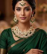 green necklace set with earrings & tikka  kundan & agate stone  gold plated