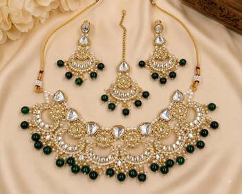 green necklace set with earrings & tikka  kundan & agate stone  gold plated 2
