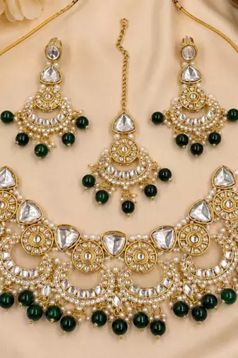 green necklace set with earrings & tikka  kundan & agate stone  gold plated