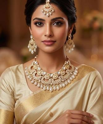 white necklace set with earrings & tikka  kundan & agate stone  gold plated 1