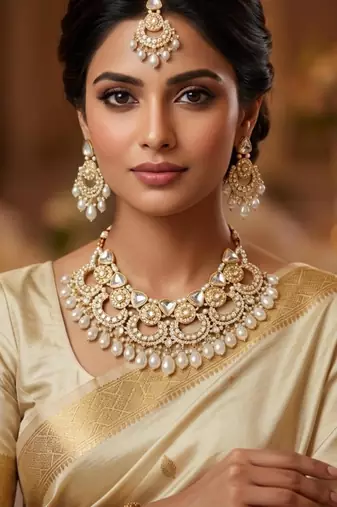 white necklace set with earrings & tikka  kundan & agate stone  gold plated