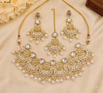 white necklace set with earrings & tikka  kundan & agate stone  gold plated 2