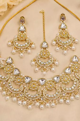white necklace set with earrings & tikka  kundan & agate stone  gold plated