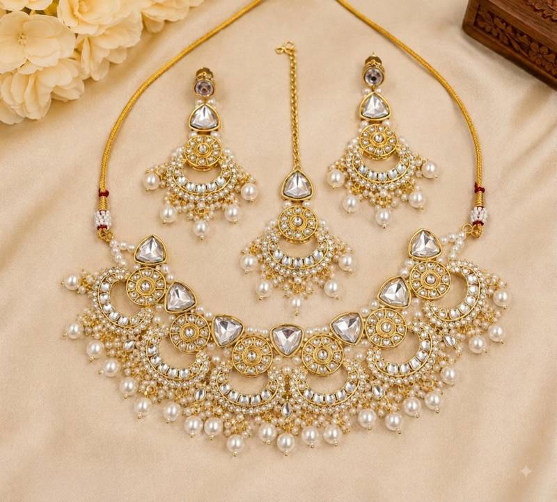 white necklace set with earrings & tikka  kundan & agate stone  gold plated