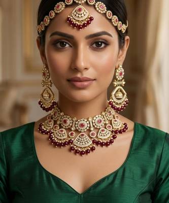 maroon necklace set with earrings & damni  kundan & agate stone  gold plated 1