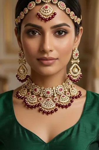 maroon necklace set with earrings & damni  kundan & agate stone  gold plated