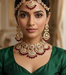 maroon necklace set with earrings & damni  kundan & agate stone  gold plated