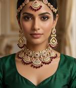 maroon necklace set with earrings & damni  kundan & agate stone  gold plated