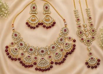 maroon necklace set with earrings & damni  kundan & agate stone  gold plated 2