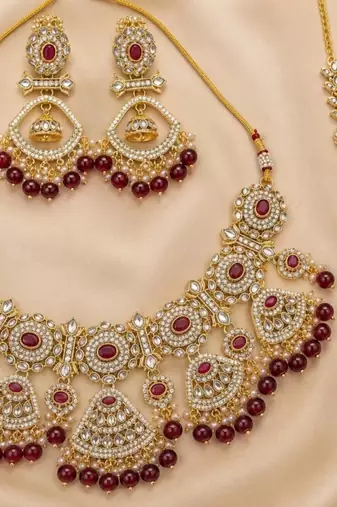 maroon necklace set with earrings & damni  kundan & agate stone  gold plated