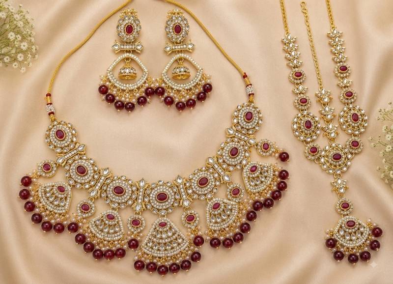 maroon necklace set with earrings & damni  kundan & agate stone  gold plated