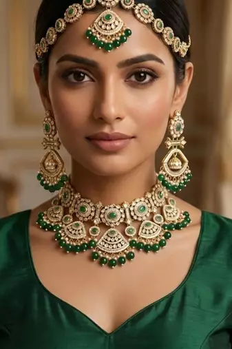 green necklace set with earrings & damni  kundan & agate stone  gold plated