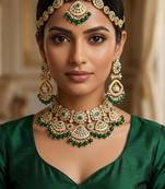 green necklace set with earrings & damni  kundan & agate stone  gold plated