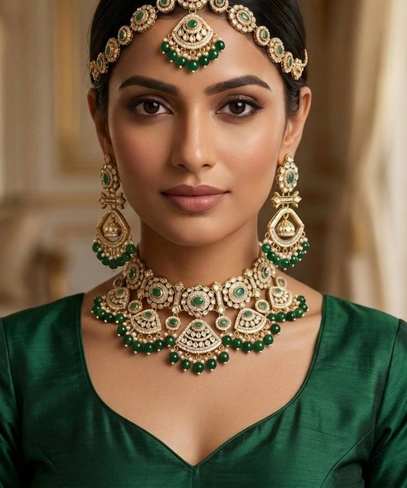 green necklace set with earrings & damni  kundan & agate stone  gold plated