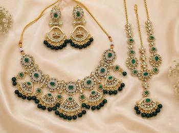 green necklace set with earrings & damni  kundan & agate stone  gold plated 2