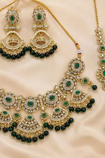 green necklace set with earrings & damni  kundan & agate stone  gold plated