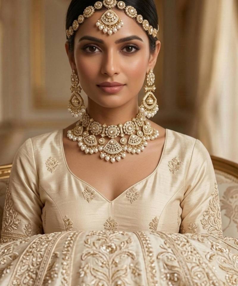 white necklace set with earrings & damni  kundan & agate stone  gold plated