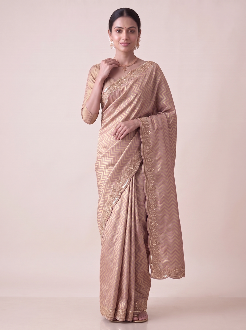 alluring embroidery work with real bits work banarasi silk blend indian designer wedding saree