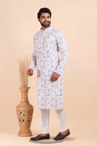 Men croset work embroidery with digital print kurta set