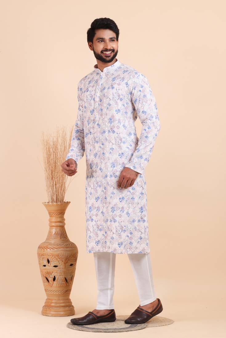 Men croset work embroidery with digital print kurta set