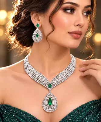 Emerald Green CZ Bridal Necklace Set, Silver Teardrop Pendant, Art Deco Crystal Jewelry 1