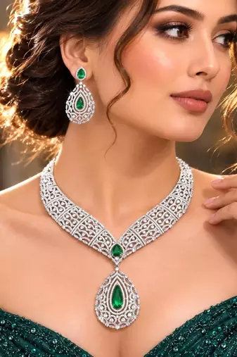 Emerald Green CZ Bridal Necklace Set, Silver Teardrop Pendant, Art Deco Crystal Jewelry