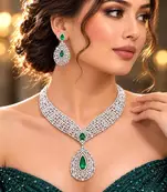 Emerald Green CZ Bridal Necklace Set, Silver Teardrop Pendant, Art Deco Crystal Jewelry