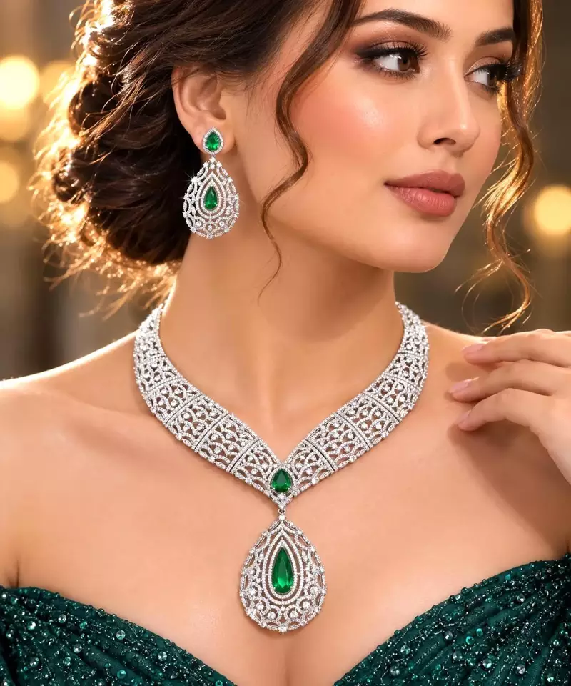 Emerald Green CZ Bridal Necklace Set, Silver Teardrop Pendant, Art Deco Crystal Jewelry