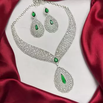Emerald Green CZ Bridal Necklace Set, Silver Teardrop Pendant, Art Deco Crystal Jewelry 2