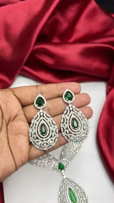 Emerald Green CZ Bridal Necklace Set, Silver Teardrop Pendant, Art Deco Crystal Jewelry 3
