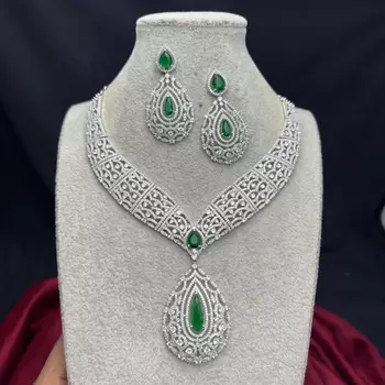 Emerald Green CZ Bridal Necklace Set, Silver Teardrop Pendant, Art Deco Crystal Jewelry 4