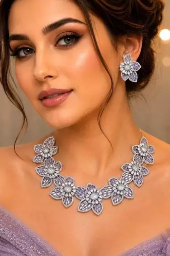 Lavender Floral Crystal Necklace Earrings Set, Purple CZ Flower Bridal Jewelry