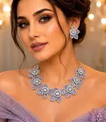 Lavender Floral Crystal Necklace Earrings Set, Purple CZ Flower Bridal Jewelry