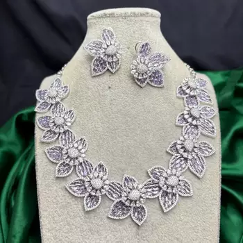 Lavender Floral Crystal Necklace Earrings Set, Purple CZ Flower Bridal Jewelry 2