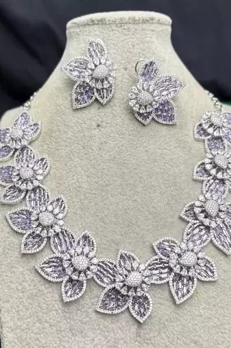 Lavender Floral Crystal Necklace Earrings Set, Purple CZ Flower Bridal Jewelry