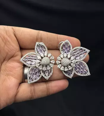 Lavender Floral Crystal Necklace Earrings Set, Purple CZ Flower Bridal Jewelry 3
