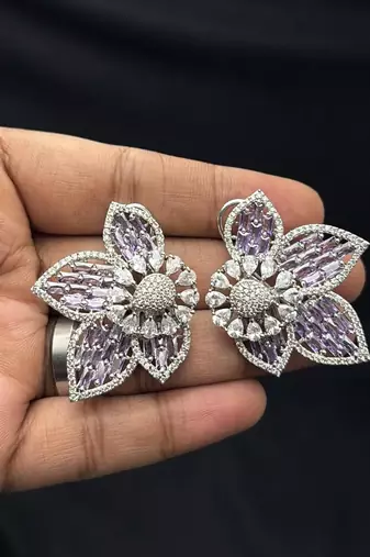 Lavender Floral Crystal Necklace Earrings Set, Purple CZ Flower Bridal Jewelry